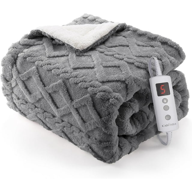 CAROMIO Heated Throw Blanket - Thick Tufted Sherpa Electric Blanket Throw with 10 Heating Levels and 10 Time Settings, ETL Certified Machine Washable Fast Heating Blanket Throw 50"×60", Grey