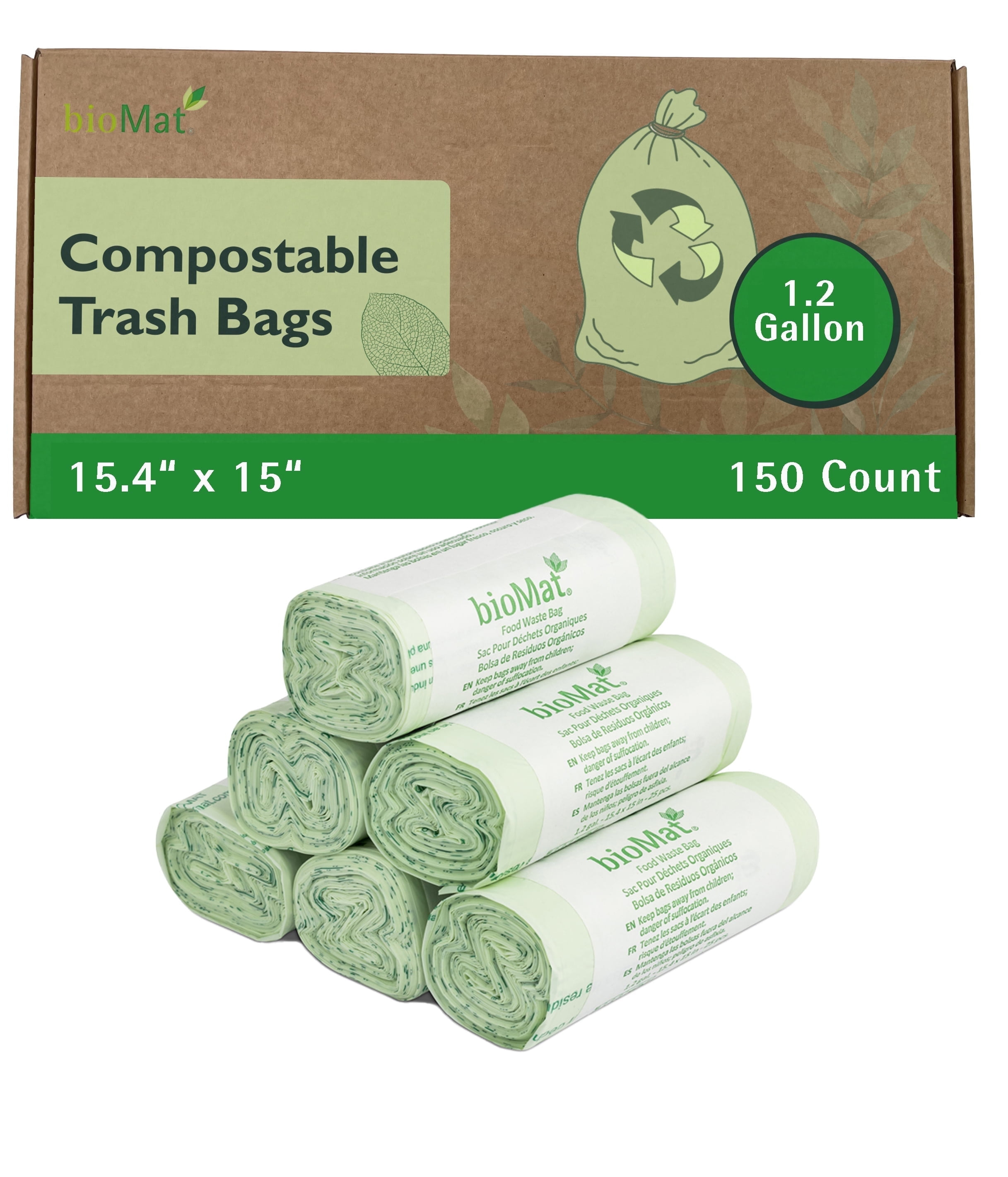 bioMat 1.2 Gallon Compostable Bags, 150 Count, Tear Resistant & Leak Proof