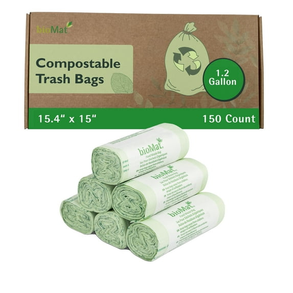 bioMat 1.2 Gallon Compostable Bags, 150 Count, Tear Resistant & Leak Proof