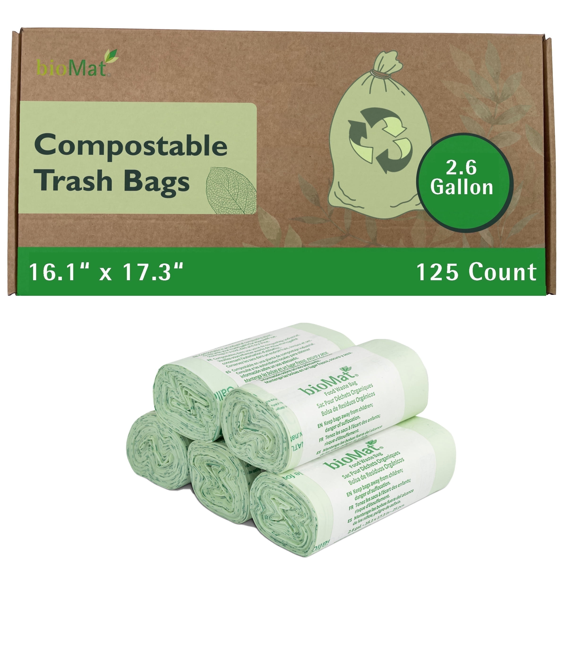 bioMat 2.6 Gallon Compostable Bags, 125 Count, Compostable Trash Bags for Countertop Bin, BPI ASTM 6400