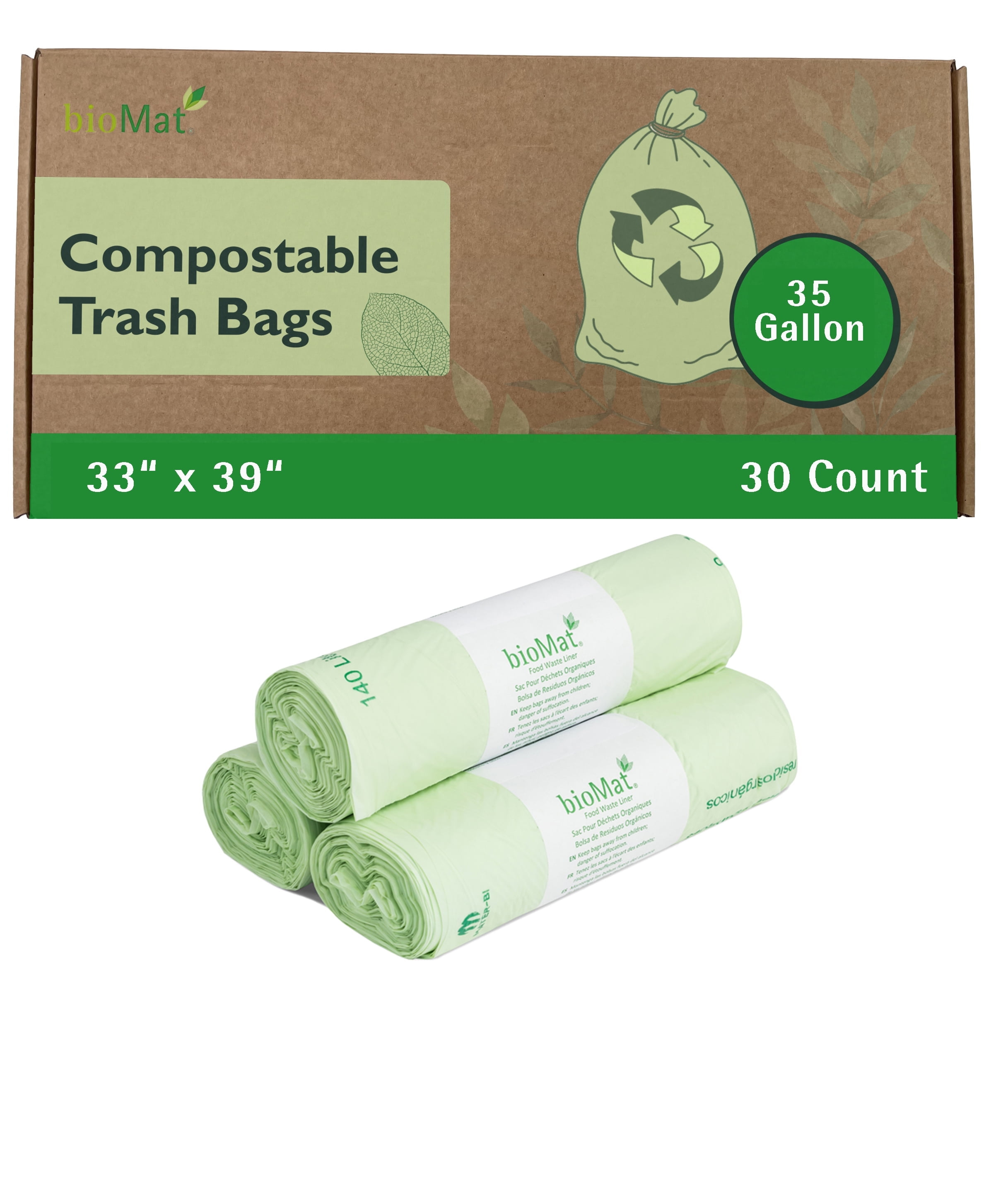 bioMat 35 Gallon Compostable Trash Bags; 30 Count, BPI ASTM D6400; Tear Resistant & Leak Proof Compostable Bags for Kitchen Compost Bin