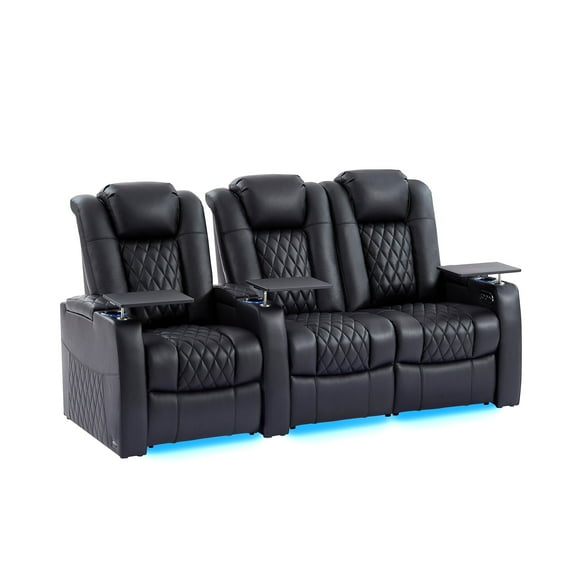 comfiroom Home Theater Seating Seats Classic Series Top Grain Nappa Leather Loveseat Recliner Chair Dual Power Movie Gaming Sofa Electric Headrest with Tray Table (Black, Row of 3 Loveseat Left)