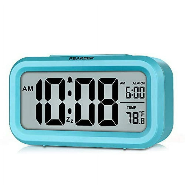 PEAKEEP Smart Night Light Digital Alarm Clock with Indoor Temperature, Battery Operated Desk Small Clock (Blue)