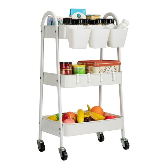 danpinera 3 Tier Metal Rolling Cart with Wheels Craft Cleaning Utility Cart for Storage-White