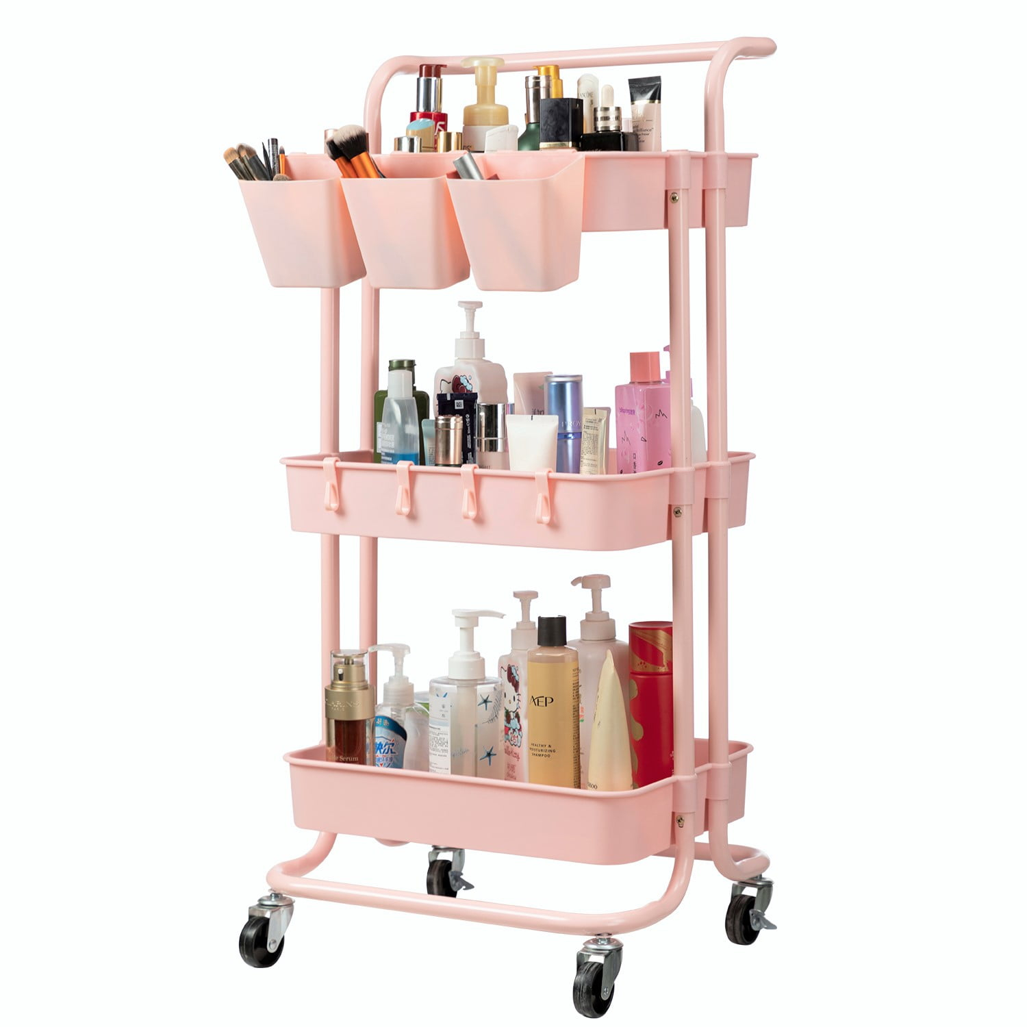 danpinera 3 Tier Rolling Cart Cleaning Organizer Utility Cart with Wheels for Storage Kitchen Bathroom-Pink