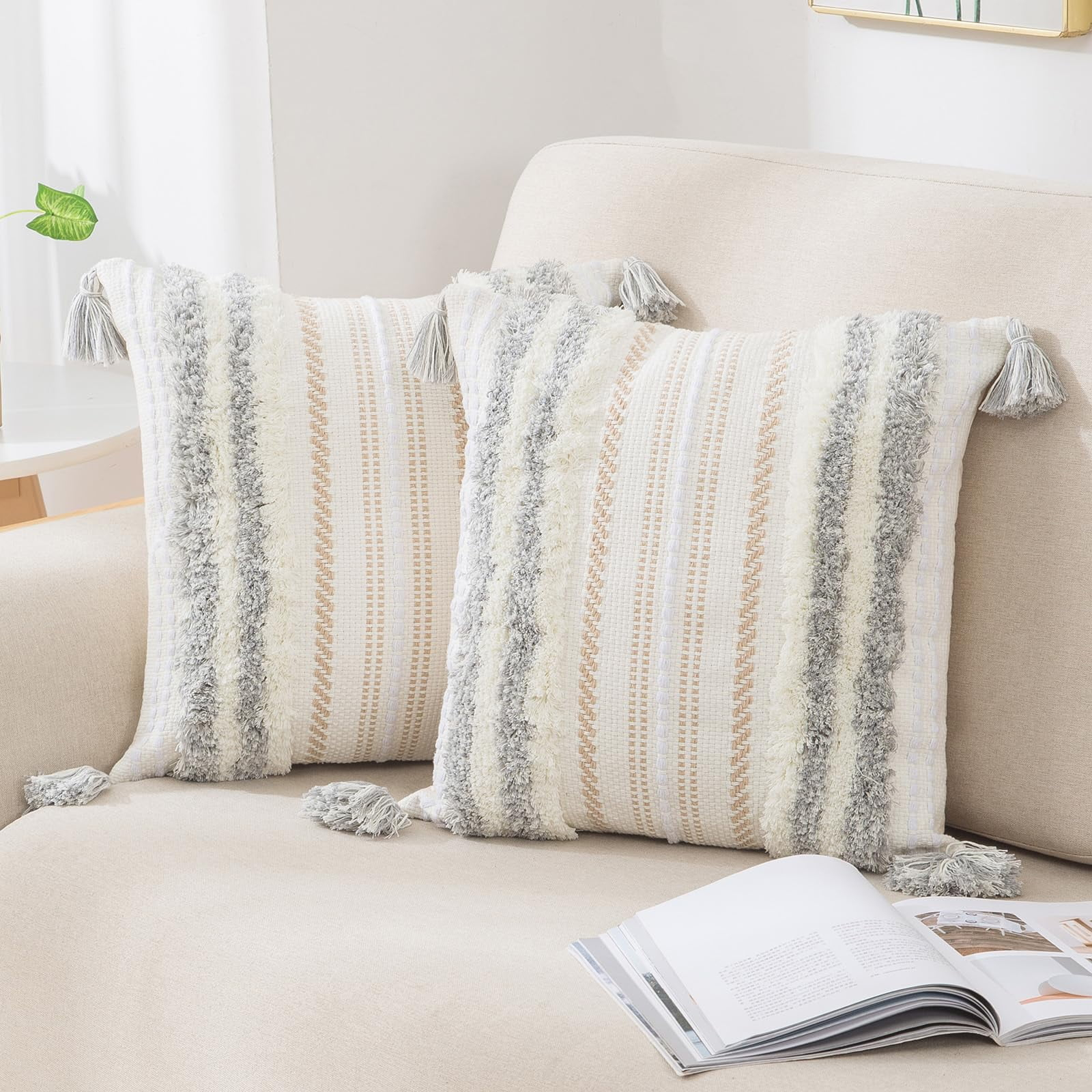 decorUhome 2 Pack Boho Decorative Throw Pillow Covers Tufted Woven with Tassel Series Pillow Case, 18x18, Light Grey