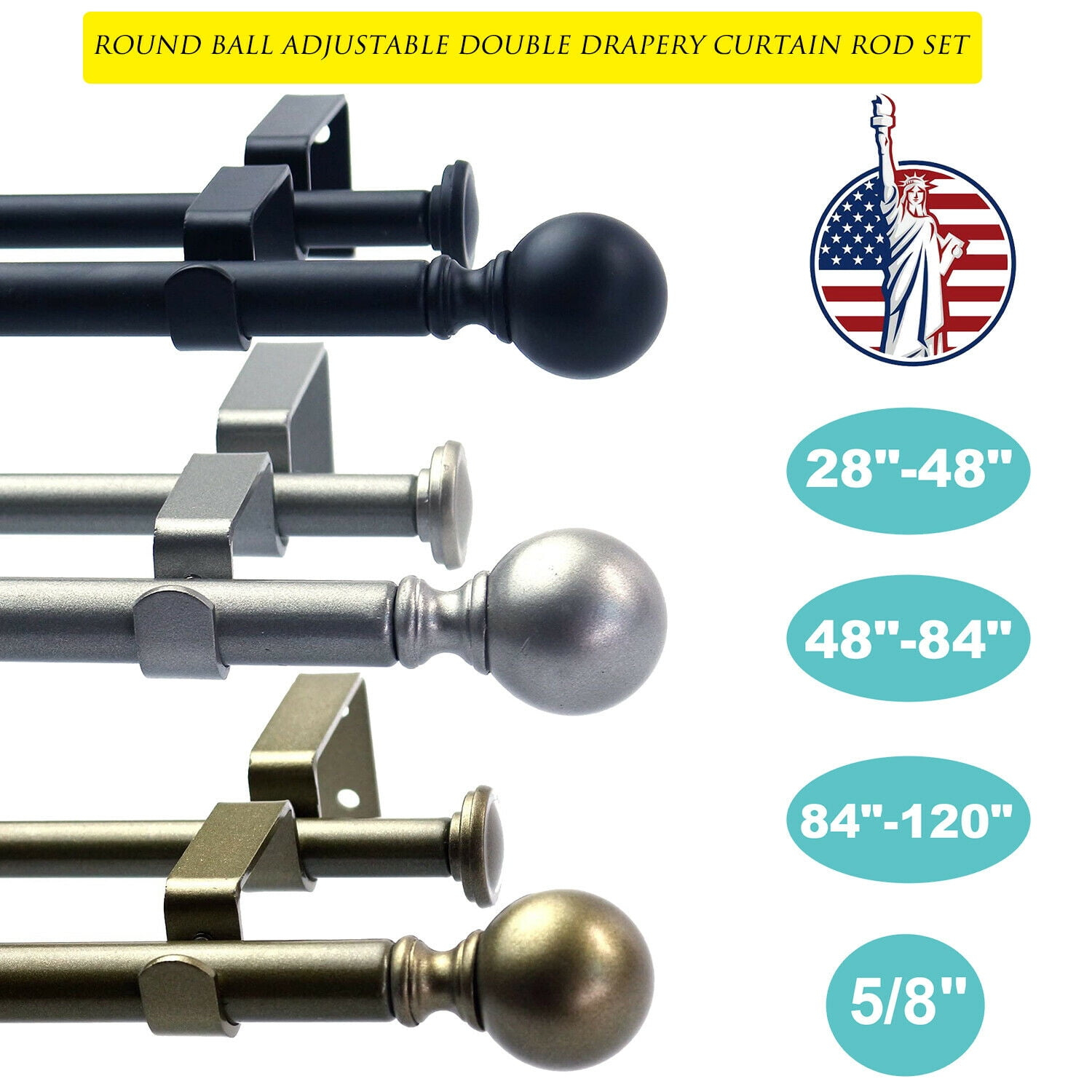 eTeckram Ball Adjustable Double Drapery Curtain Rod Set, 5/8", 48"-84", Antique Silver/Pewter