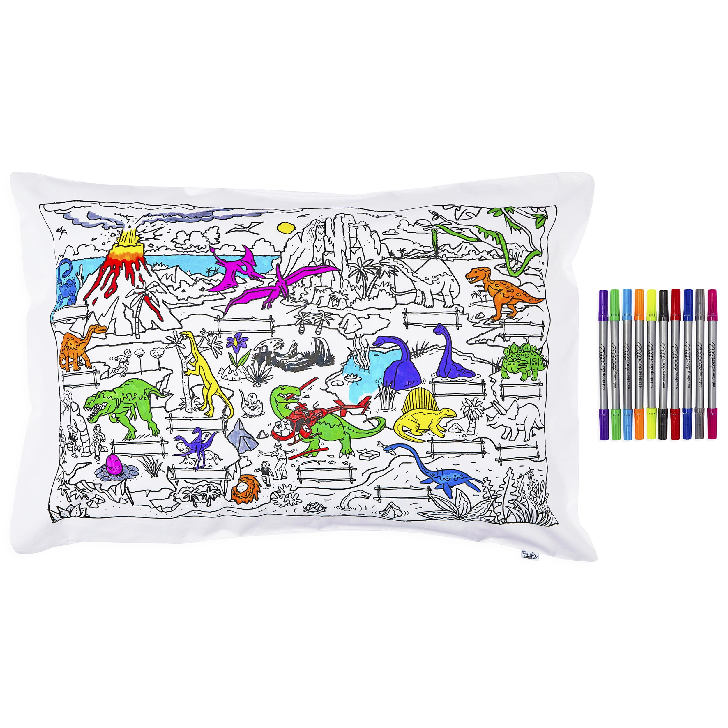 eatsleepdoodle Coloring Cotton Pillowcase with Washable Markers - Dinosaur Color in Activity Craft Kit for Boys and Girls Age 3+