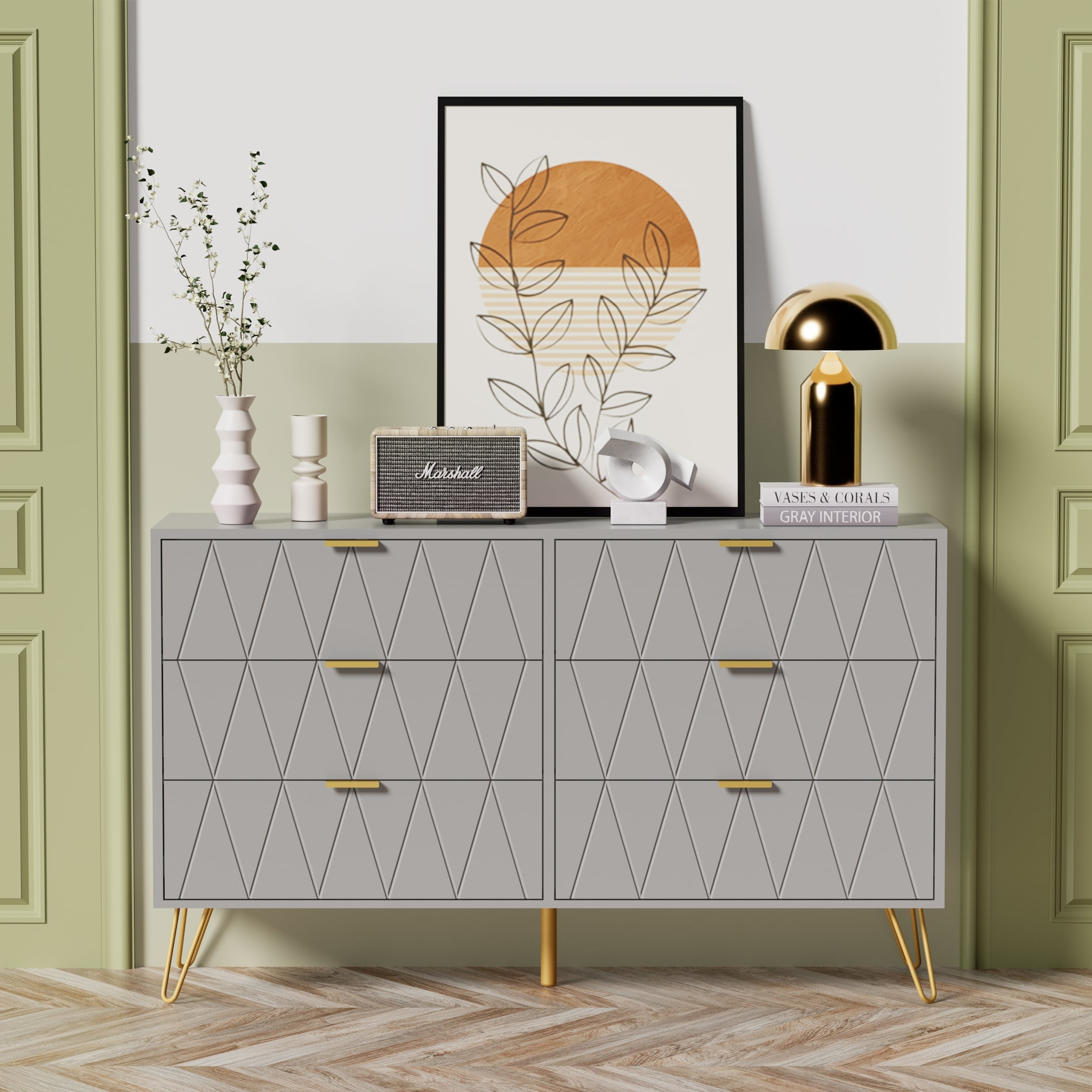 eclife 6 Drawer Dresser Drawer Chest Tall Storage Cabinet Organizer Unit Bedroom Living Room Large-Gray