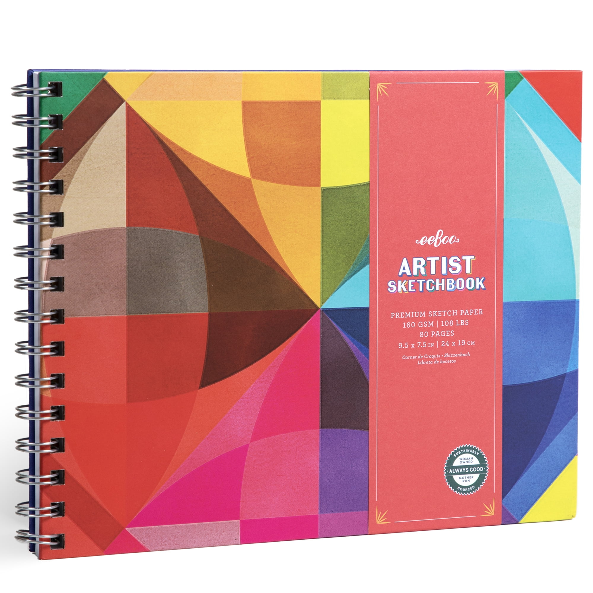 eeBoo: Artist Sketchbook - Rainbow - 80 Pages of High-Quality Paper, 160 GSM, 108 Lbs, 9.5 x 7.5" Wire-Bound Hardcover Drawing Book w/ Colorful Cover