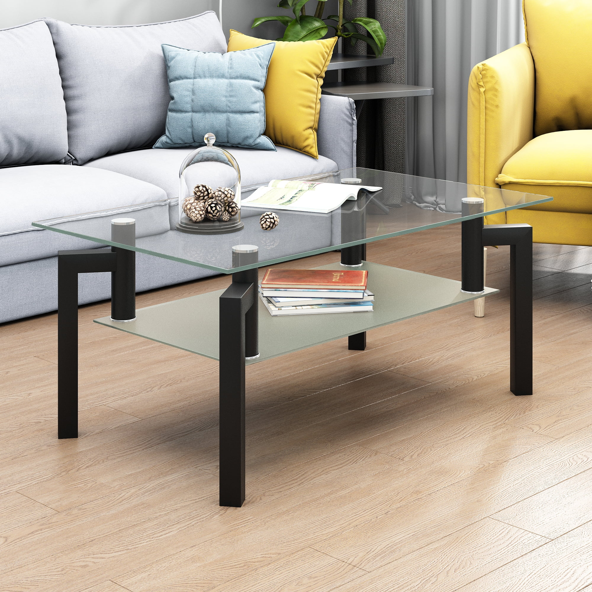 enyopro Glass Coffee Table for Living Room, Modern Rectangle Cocktail Tea Table, Sofa Table with 2 Tier Tempered Glass Boards & Metal Legs, Mid-Century Design Center Table, Easy Assembly, B1262