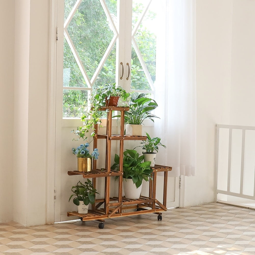 fliptradeinc 6 Tier Multi-Tiered Solid Wood Plant Stand with Wheels