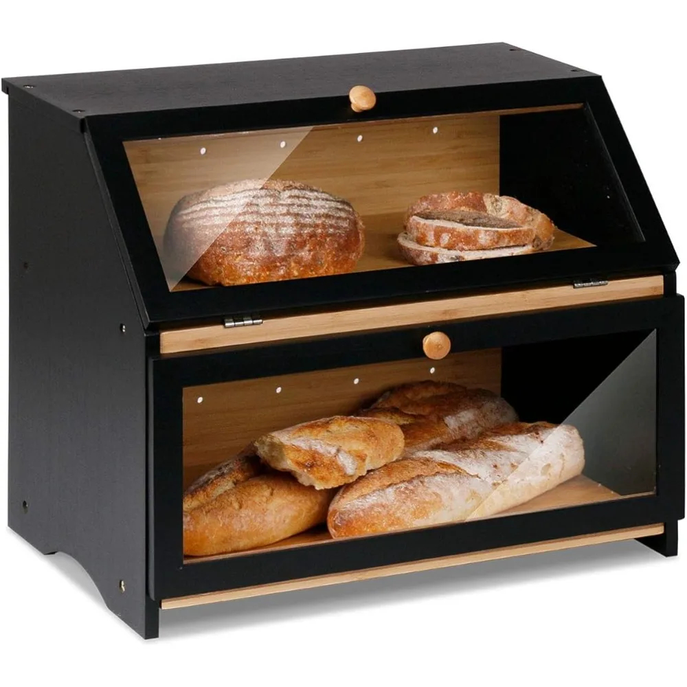 hghfhj   HOMEKOKO Double Layer Large Bread Box for Kitchen Counter  Wooden Large Capacity Bread Storage Bin (Black)