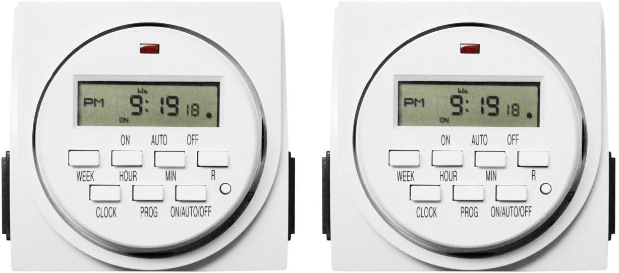iPower Digital Programmable Timer, Heavy Duty Dual Outlet for Lights, 125VAC, 15A, 60 Hz, 1725W, ETL Listed, Indoor Dual Outlet Switch, Appliance, Pool Pump, White, 2 Pack