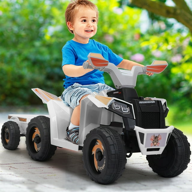 iRerts Blanco 6V con Batería ATV con Remolque, Auto Eléctrico para Niños con Bluetooth, Música, Arranque con un Botón, Juguetes para Niños Pequeños, Regalos de Cumpleaños para Niños y Niñas