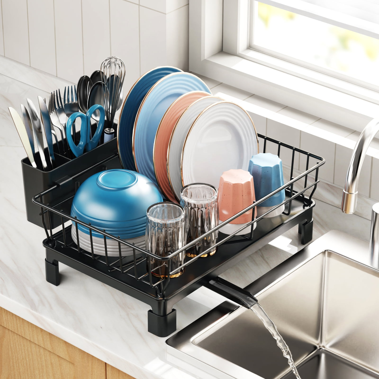 iSPECLE Dish Drying Rack with Drainboard - Dish Racks for Kitchen Counter, Rust-Resistant Compact Dish Drainer with Utensil Holder, Drain Spout and High Feet on Drip Tray, Black