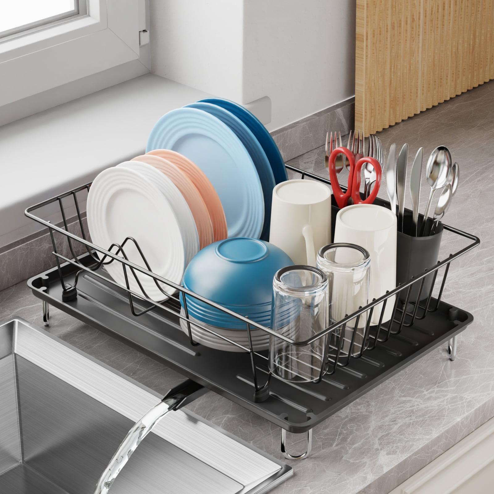 iSPECLE Dish Drying Rack with Drainboard - Dish Racks for Kitchen Counter, Rust-Resistant Compact Dish Drainer with Utensil Holder, Drain Spout and High Feet on Drip Tray, Black