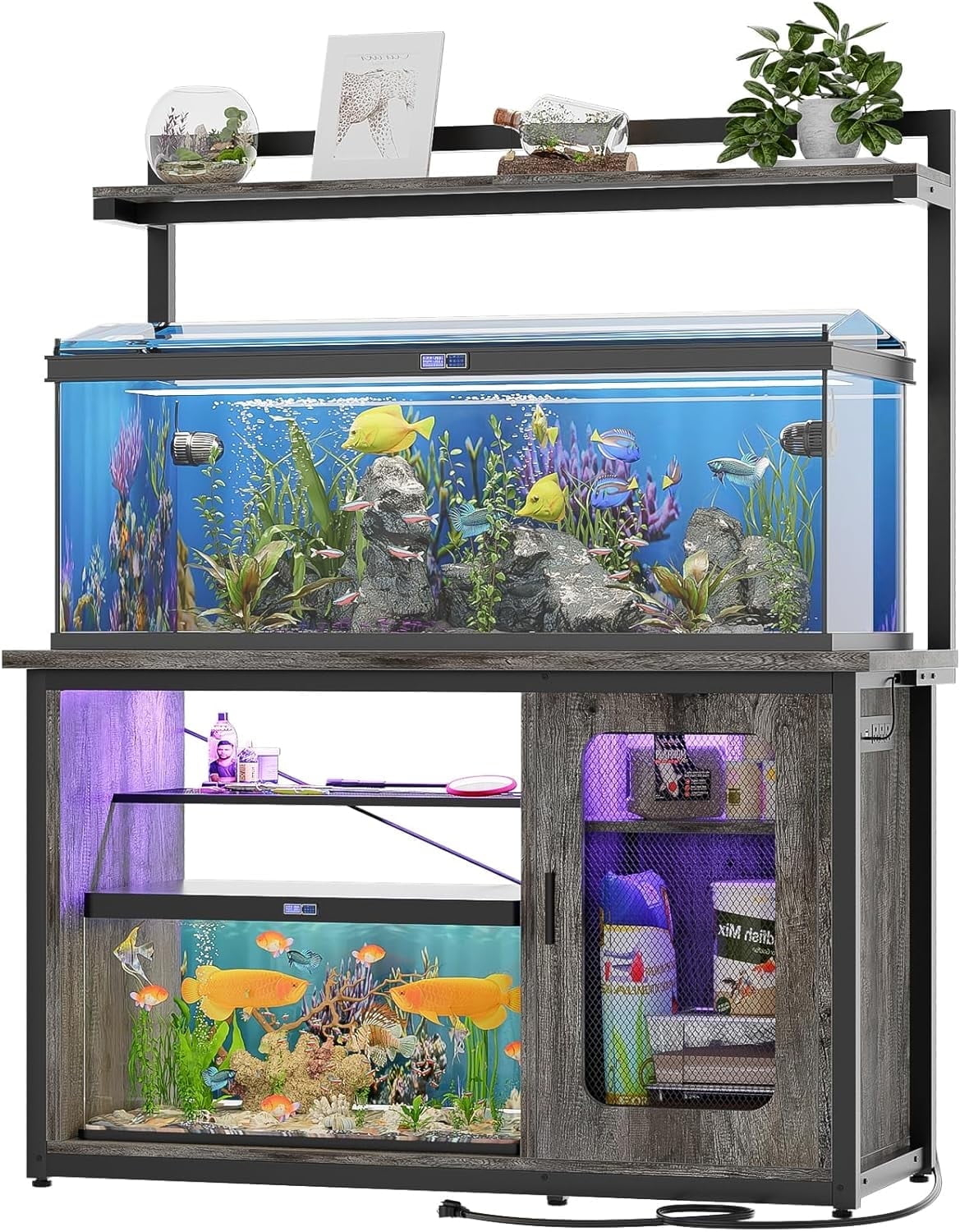 iSunirm 55-75 Gallon Aquarium Stand with Shelf, Fish Tank Stand with Power Outlets and LED Lights, Heavy Duty Reversible Aquarium Stand with Cabinet, for Fishes and Reptiles, 49.2"L*18.9"W, Black Oak