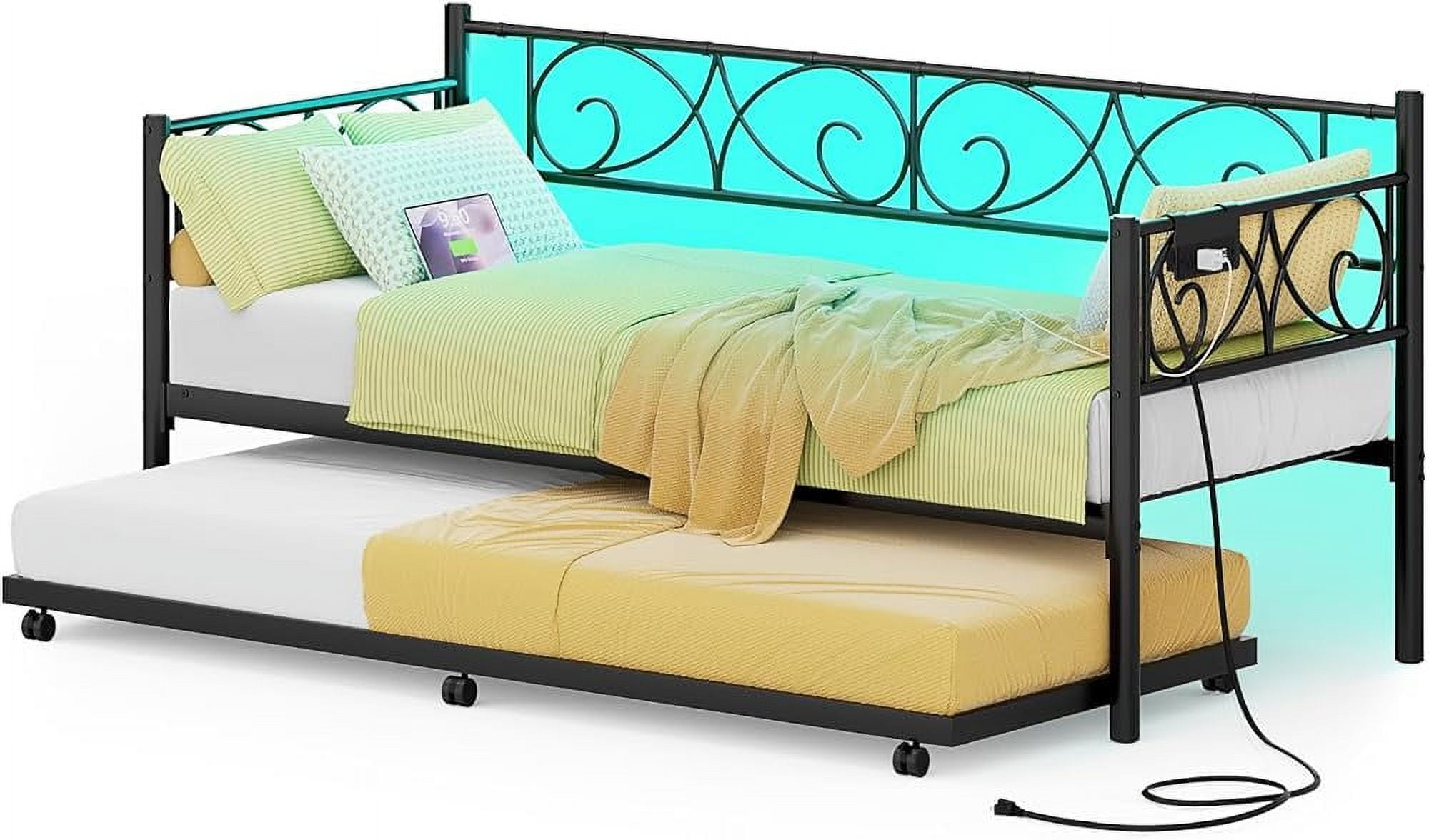 iSunirm Twin Size Daybed with Trundle Bed, Charging Station and LED Lights, Aron Art Headboard Day Bed, All Thick Metal Frame Heavy Duty, Built for Guest Room/Living Room/Bed Room