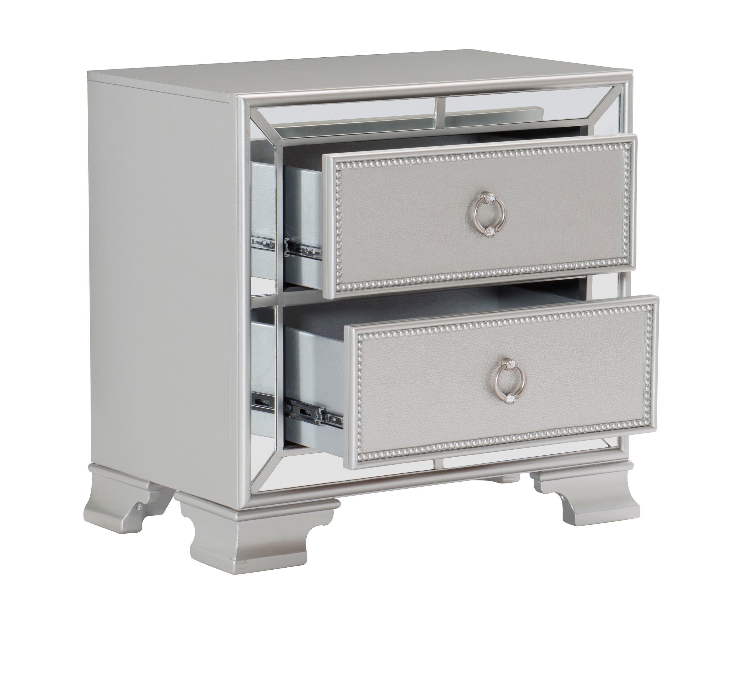 CoSoTower Modern Traditional Style 1Pc Nightstand Of 2 Drawers Embossed Textural Fronts Silver Finish Bed Side Table