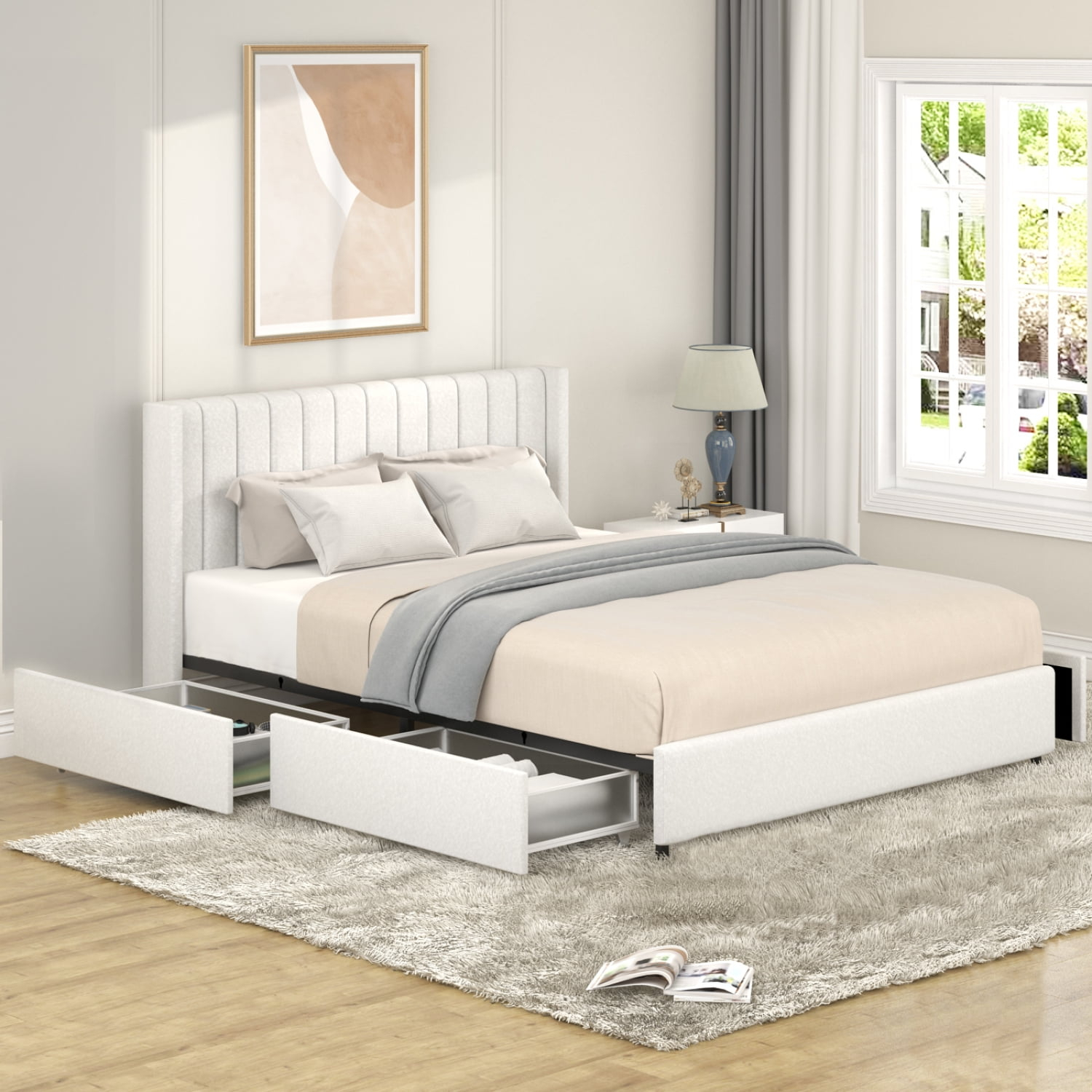 imerelez Anda Queen Size Ivory Boucle Upholstered Platform Bed with Patented 4 Drawers Storage, Tufted Headboard, Wooden Slat Mattress Support, No Box Spring Needed