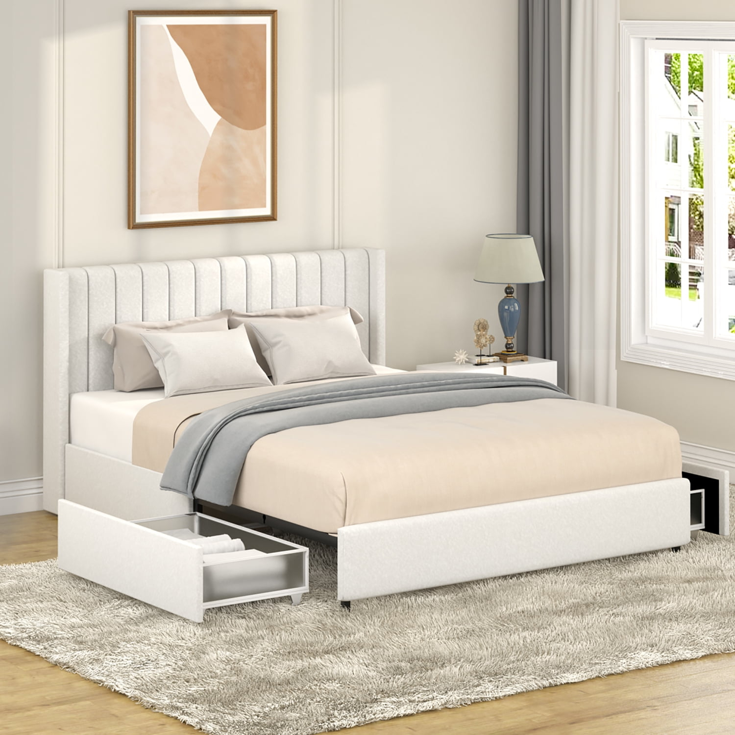 Ivory Boucle Upholstered Queen Bed with Tufted Headboard and Storage Drawers