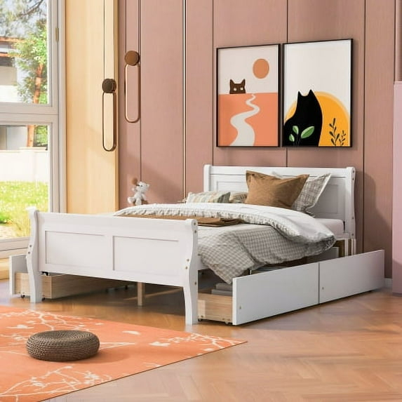Full Size White Pine Wood Platform Bed with 4 Drawers