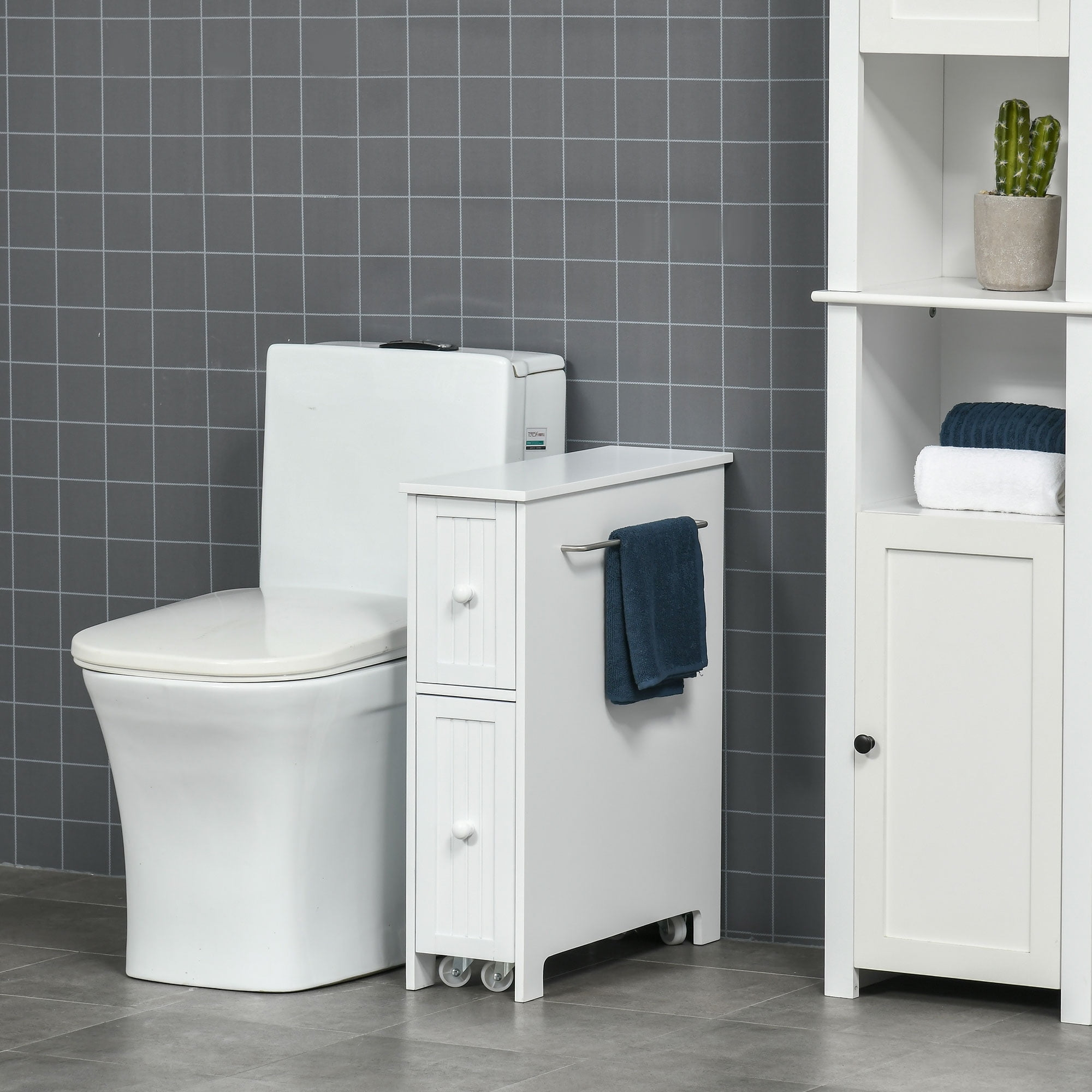 kleankin Slim Bathroom Cabinet, Freestanding Storage Cabinet, Toilet Paper Holder with Two Drawers, Side Towel Rack, and Wheels, 7 x 20.5 x 24.75 Inches, White