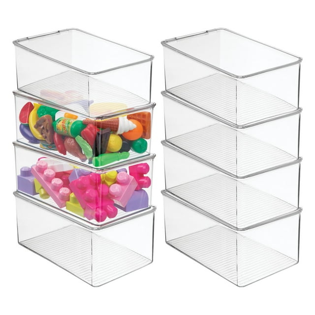 mDesign Plastic Stackable Toy Storage Bin Box with Hinge Lid, 8 Pack - Clear