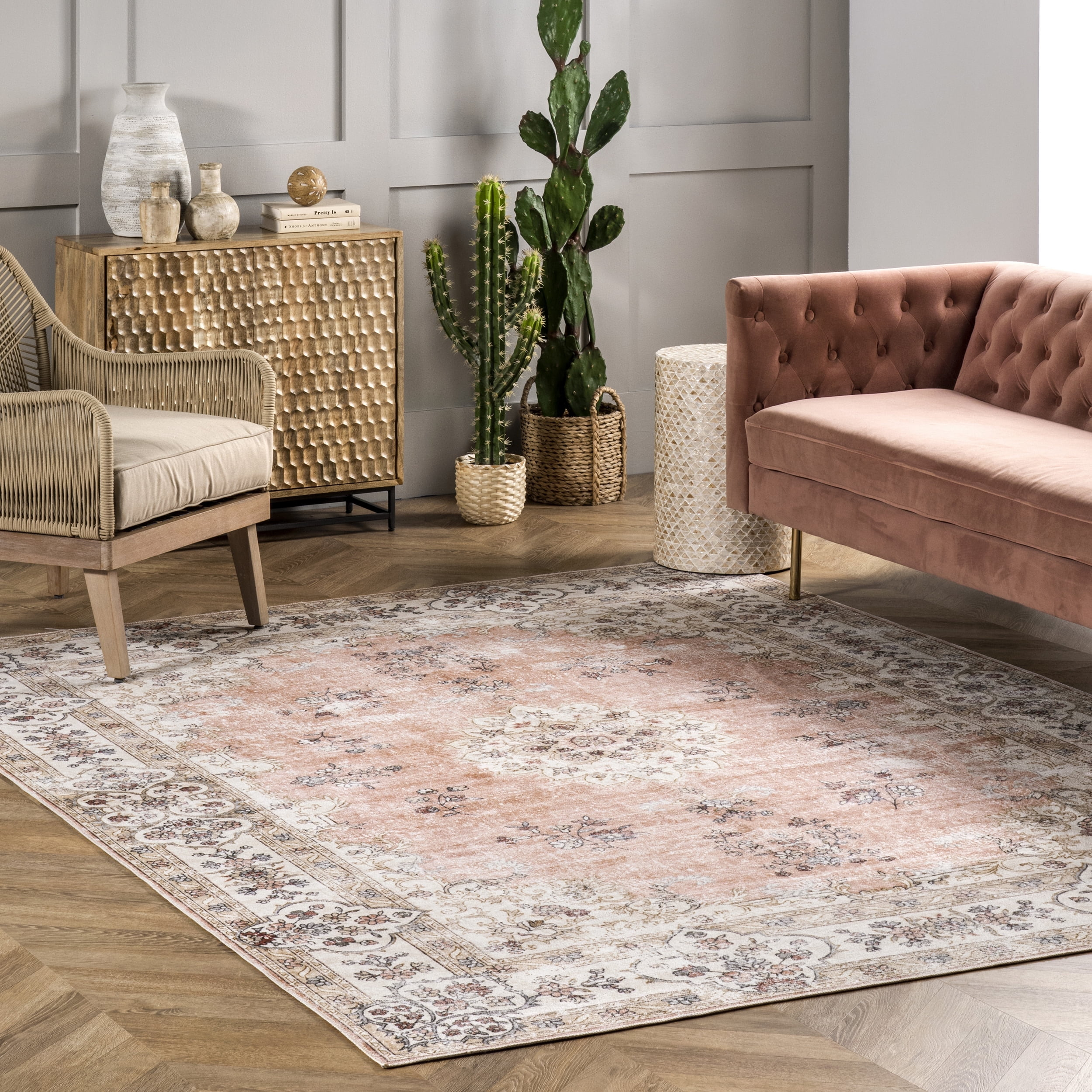 nuLOOM Ren Machine Washable Vintage Floral Area Rug, 6' x 9', Peach