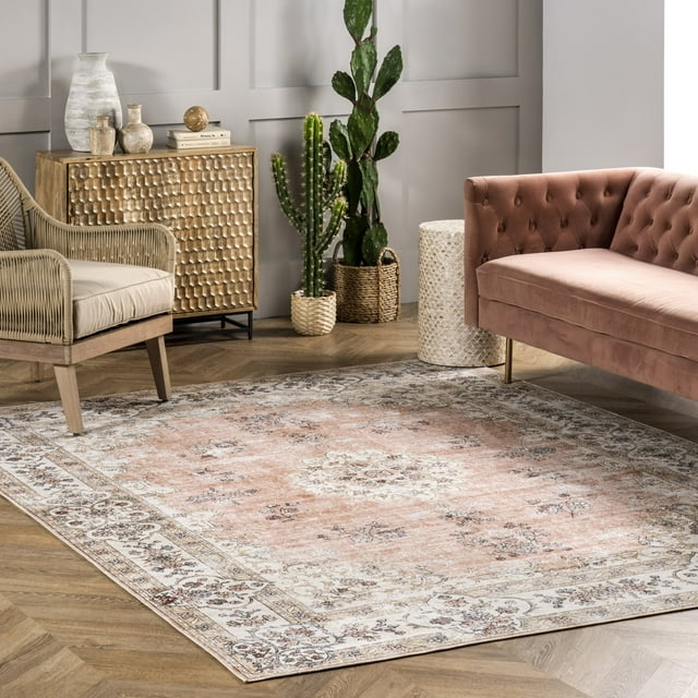 nuLOOM Ren Machine Washable Vintage Floral Area Rug, 6' x 9', Peach