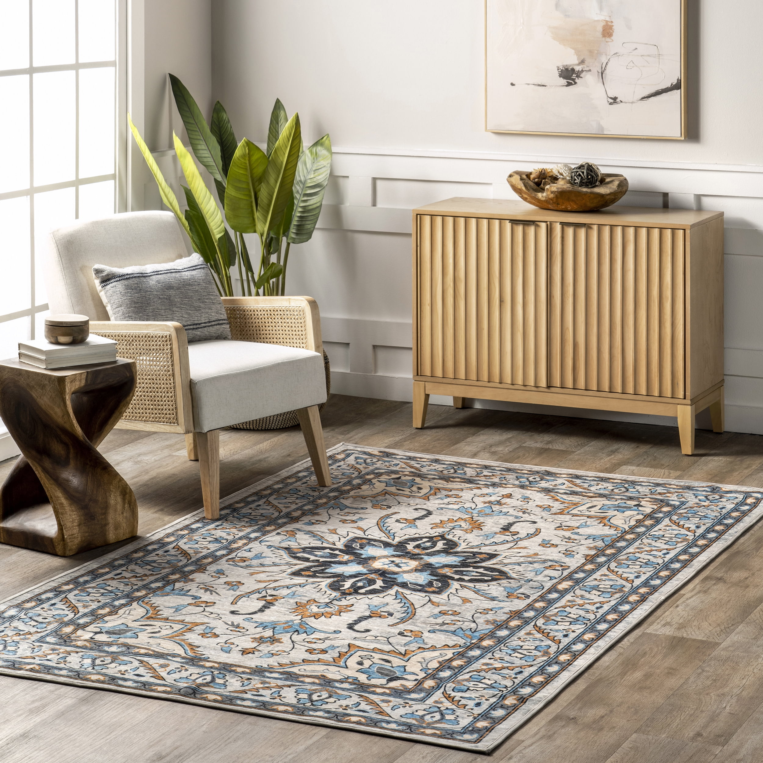 nuLOOM Teshi Floral Medallion Machine Washable Area Rug, 5' x 8', Blue