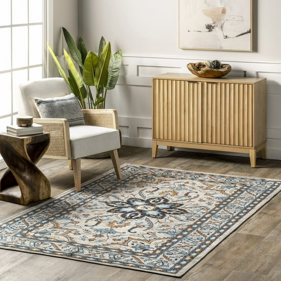 nuLOOM Teshi Floral Medallion Machine Washable Area Rug, 5' x 8', Blue