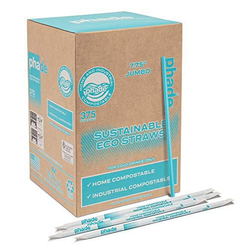 phade Eco-Friendly Sustainable Marine & Soil Biodegradable Compostable 7.75" Jumbo Straws, Individually Wrapped, 1 Pack - 375 Count