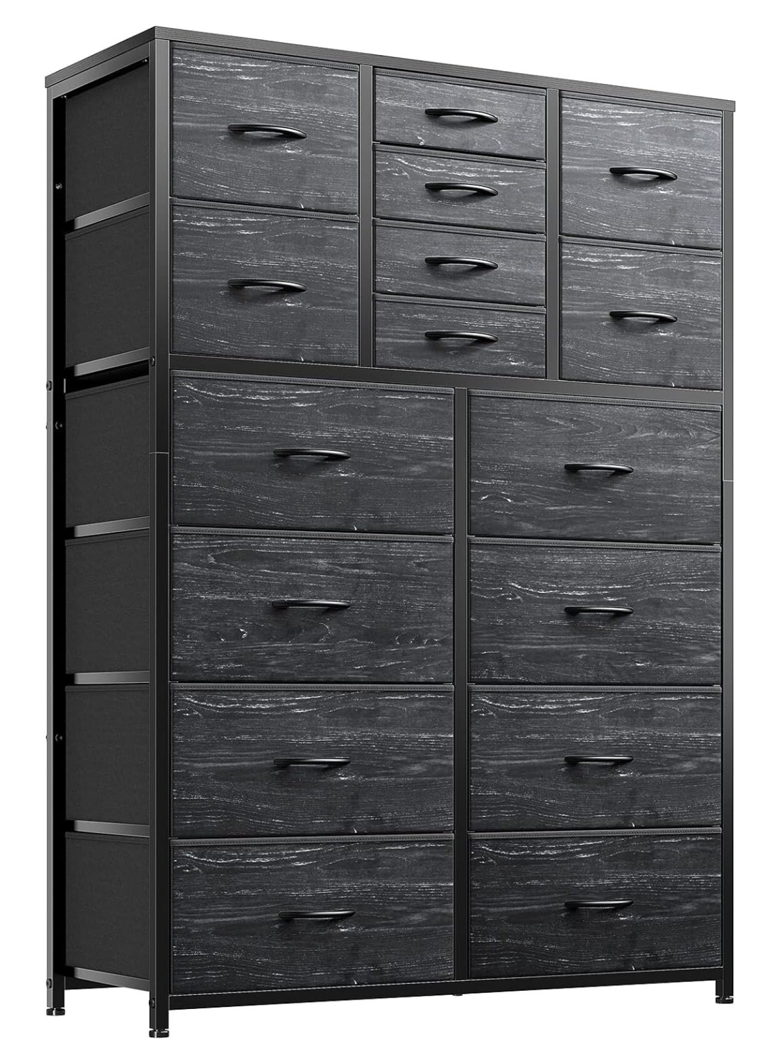 Dresser, Black Dresser, Wood Top, Metal Frame High Dresser and Chest of Drawers for Bedroom and Entryway, Bedroom High Dresser with 16 Drawers, Black