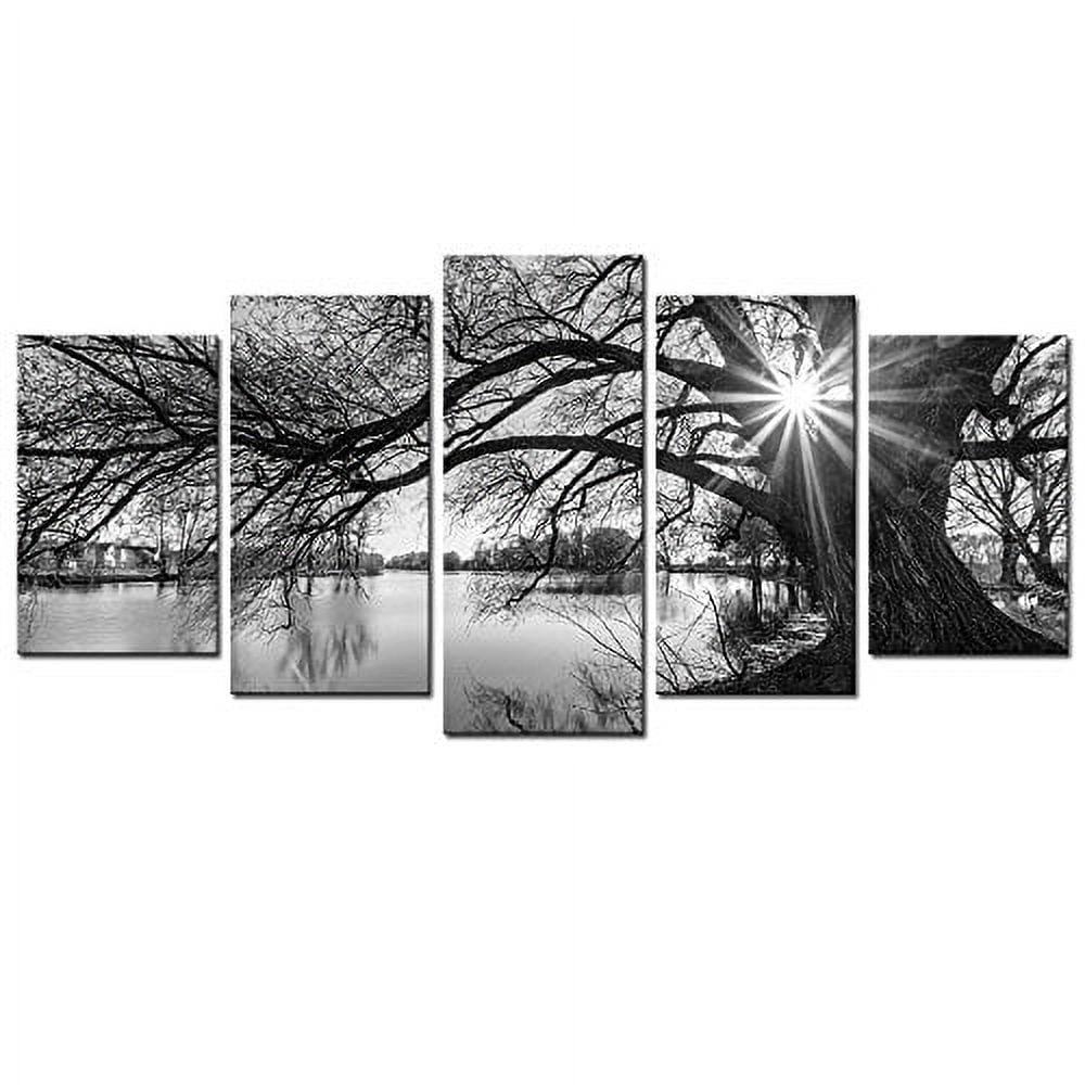 5 Pieces Wall Art Old Tree by Lake Picture Canvas Prints Sunrise Painting Black and White Landscape Canvas Art Modern Wall Decoration Framed and Ready to Hang