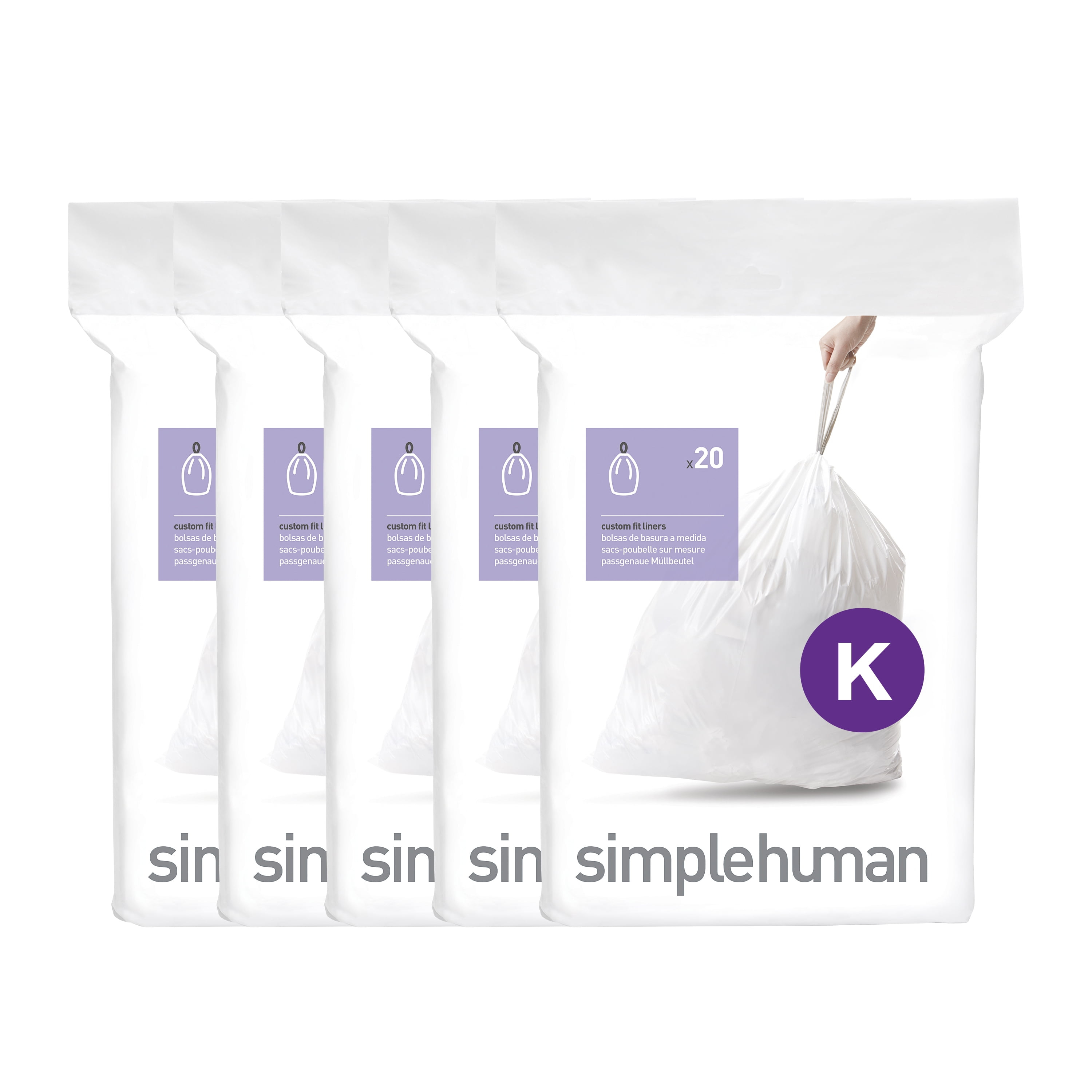 simplehuman simplehuman Code K Genuine Custom Fit Drawstring Trash Bags Dispenser Packs, 100 Count (Set of 5)