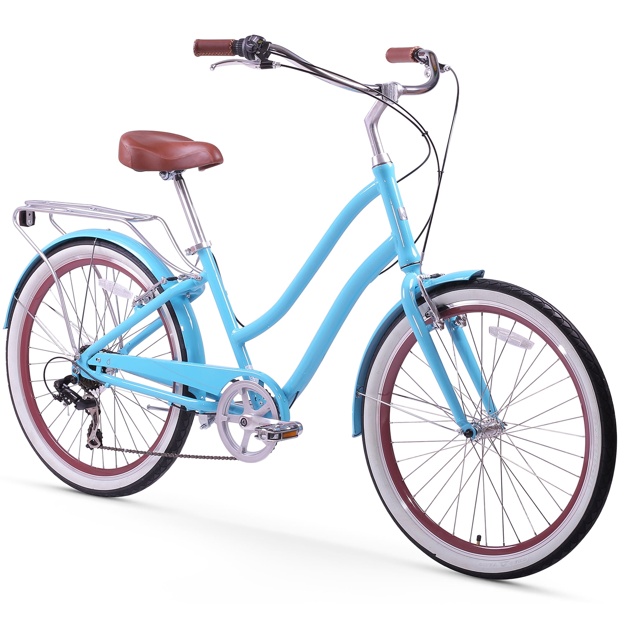sixthreezero Everyone Steel Women's Hybrid Bike with Rear Rack, 7-Speed, 26 In. Wheels, Teal with Brown Seat and Grips