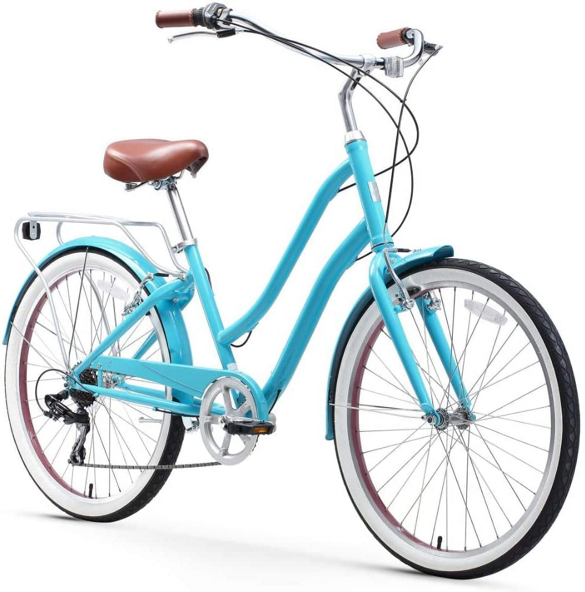 sixthreezero Everyone Steel Women's Hybrid Bike with Rear Rack, 7-Speed, 26 In. Wheels, Teal with Brown Seat and Grips