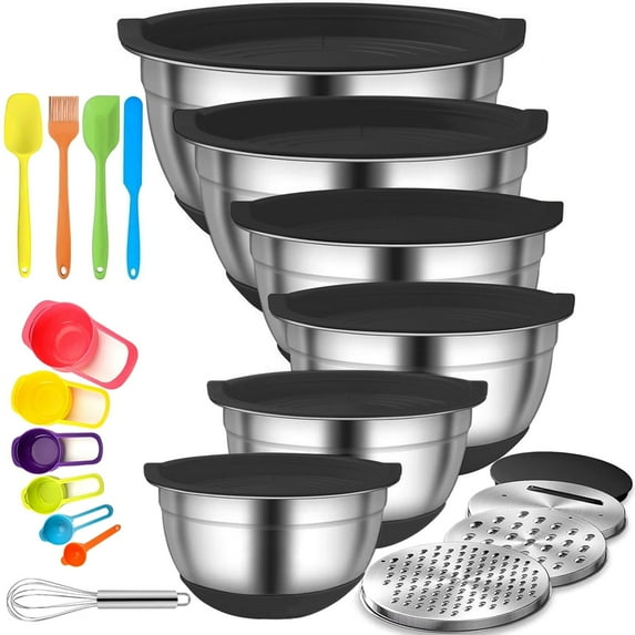 6-Piece Black Stainless Steel Mixing Bowl Set with Lids and Graters