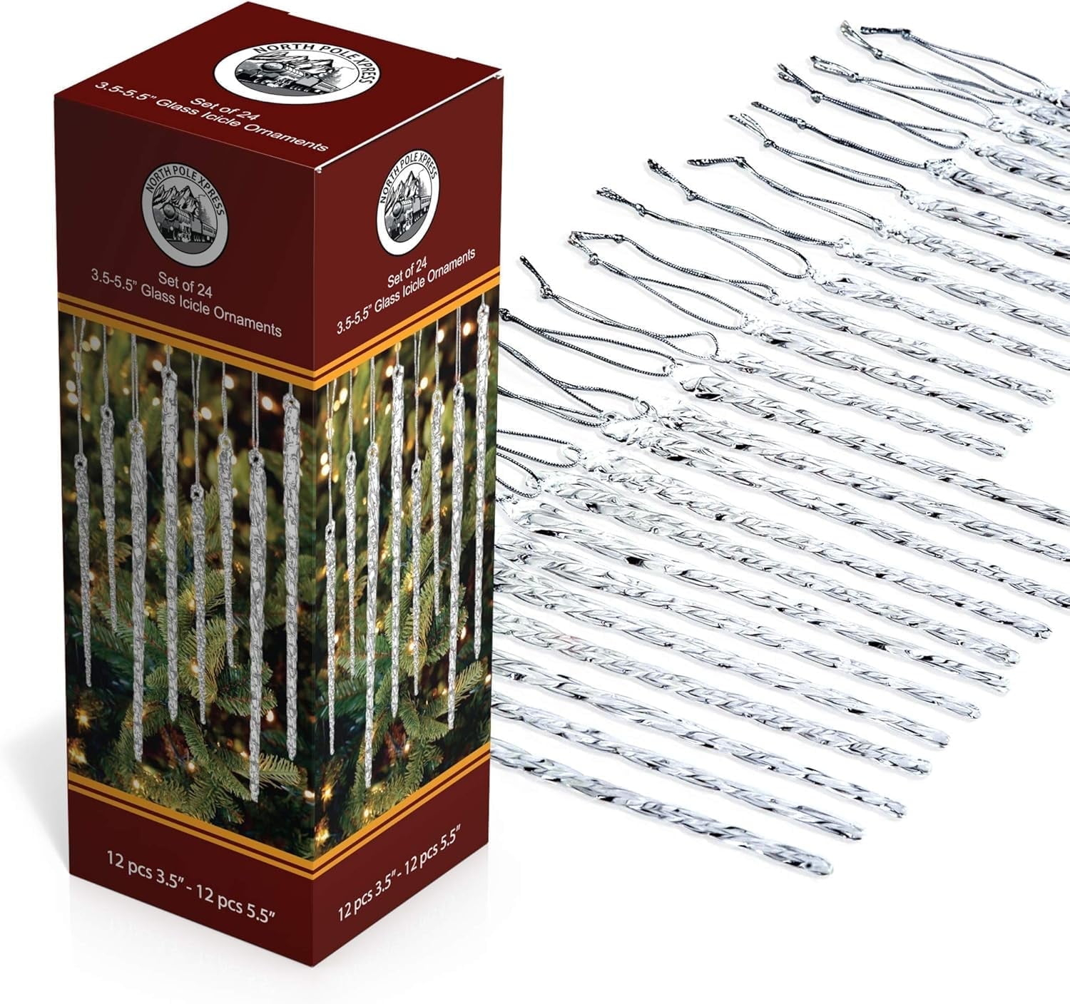 NorthPoleXpress Twisted Clear Glass Icicle Christmas Ornaments for Christmas Trees - Set of 24, Perfect for White Or Silver Crystal Winter Frost Look!