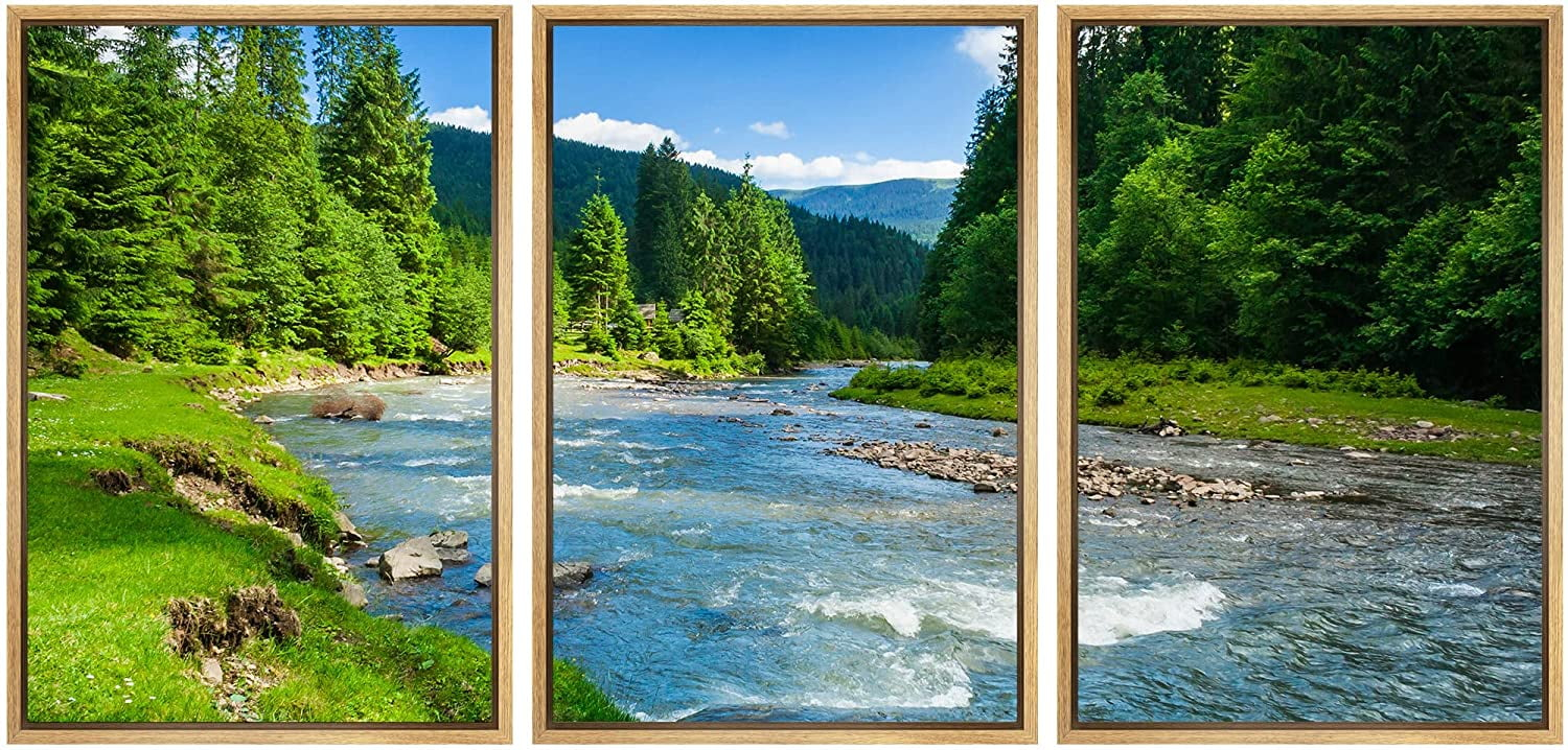 wall26 - 3 Piece Canvas Wall Art - Landscape with Mountains Trees and a River in Front - Modern Home Art Stretched and Framed Ready to Hang - 24"x36"x3 Panels