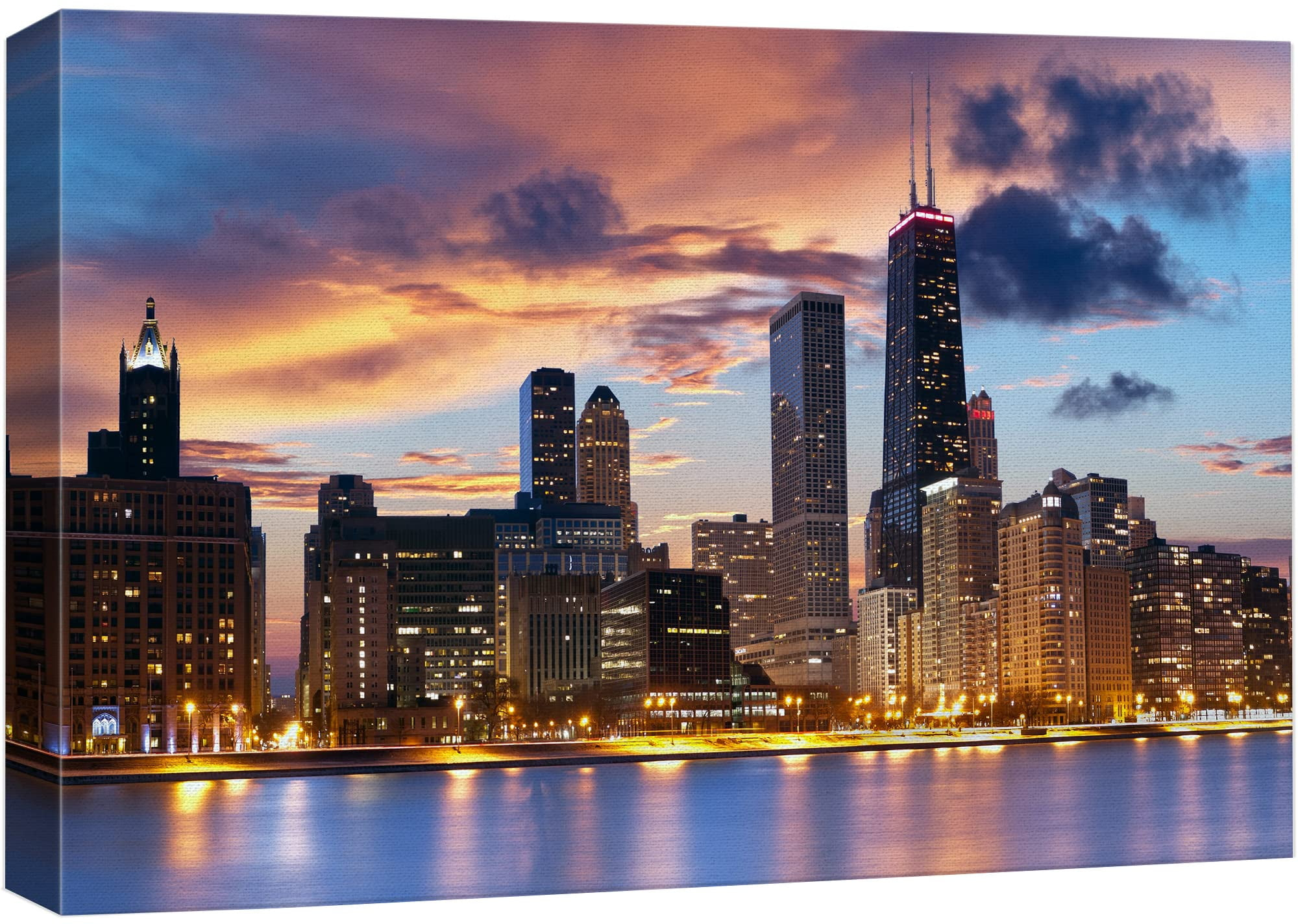 wall26 Canvas Print Wall Art Chicago City Sunset Night Skyline Architecture & Maps Cityscape Photography Realism Global Scenic Colorful Multicolor for Living Room, Bedroom, Office - 24"x36&q