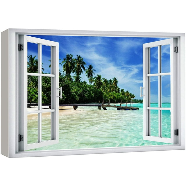 wall26 Canvas Print Wall Art Window View of Tropical Island Beach Paradise Nature Wilderness Photography Modern Art Rustic Scenic Colorful Ultra for Living Room, Bedroom, Office - 24"x36"
