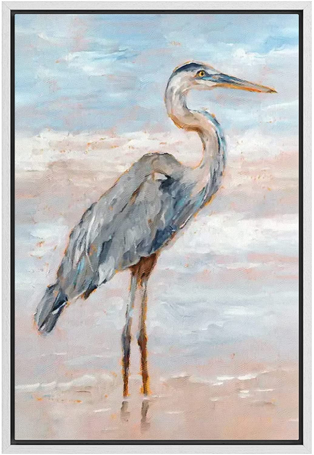 IDEA4WALL Crane Heron Bird " Pastel Sky Beach Shore Wave Crane Bird Nature Modern Zen Rustic "