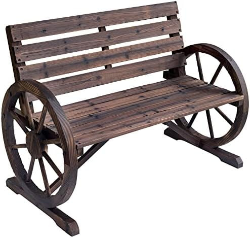 ZWNLKQG Wooden Wagon Wheel Bench  Rustic Outdoor Patio   2-Person Seat Bench for Backyard  Patio  Garden  41.5" x 23.25" x 29.5"  Brown