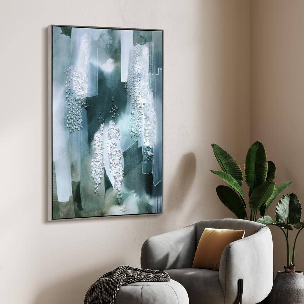 "Silver Mist I" Crystallus Epoxy Coated Wrapped Framed Glossy Canvas Wall Art with Heavy Acrylic Crystal Shards Embellishments