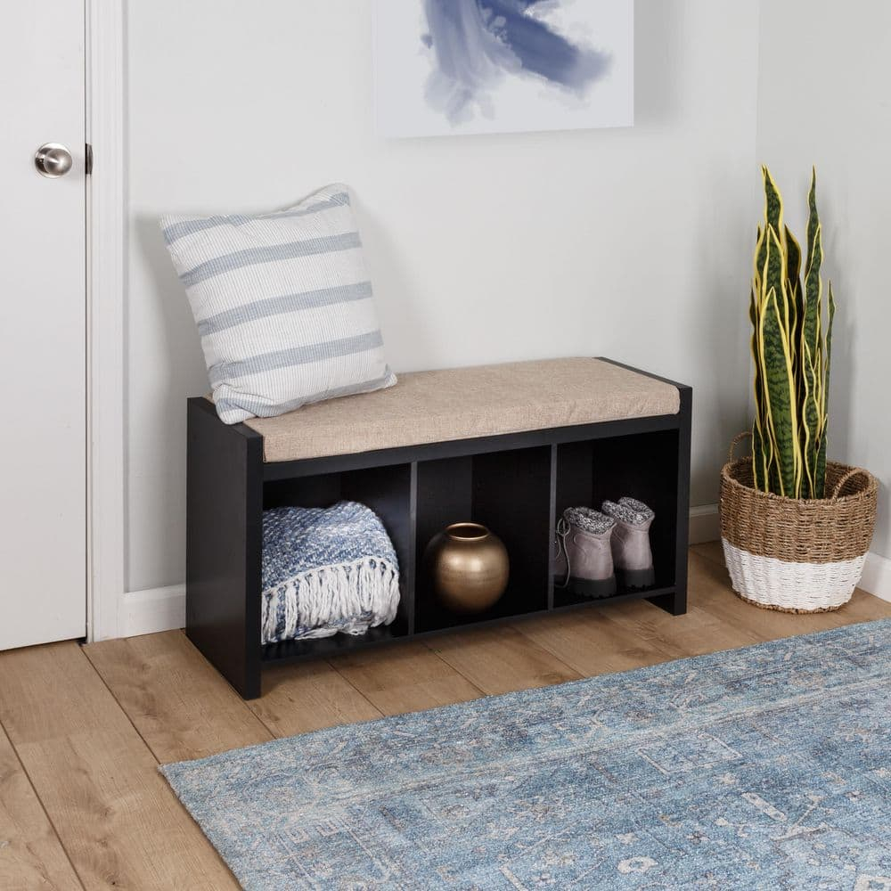 Honey-Can-Do Wood 3-Cubby Shoe Storage Organizer Bench with Cushion, Black/Tan