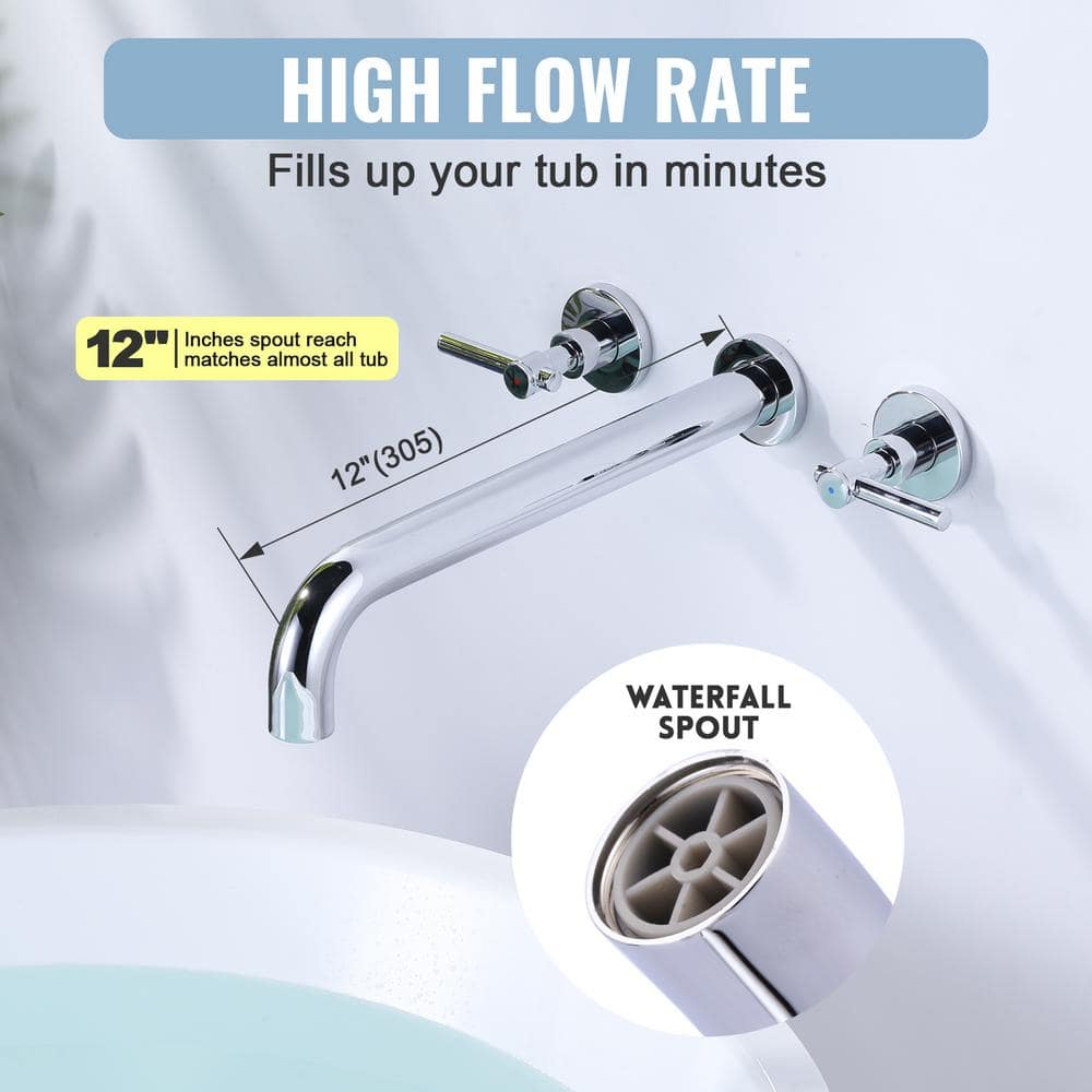 Tub Filler Faucet,High Flow Wall Mounted Bathtub Faucet,Solid Brass Bathroom Tub Faucet Two Handles Bathtub Spout Faucets 12" Long Spout,Chrome