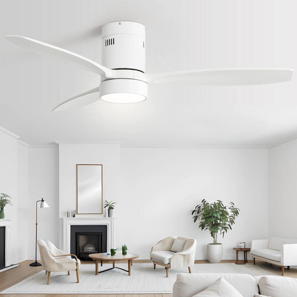 Sofucor 52 inch Wood Low Profile White Ceiling Fans with Lights and Remote, Modern Flush Mount Quiet Ceiling Fan for Bedroom, Reversible DC Moto